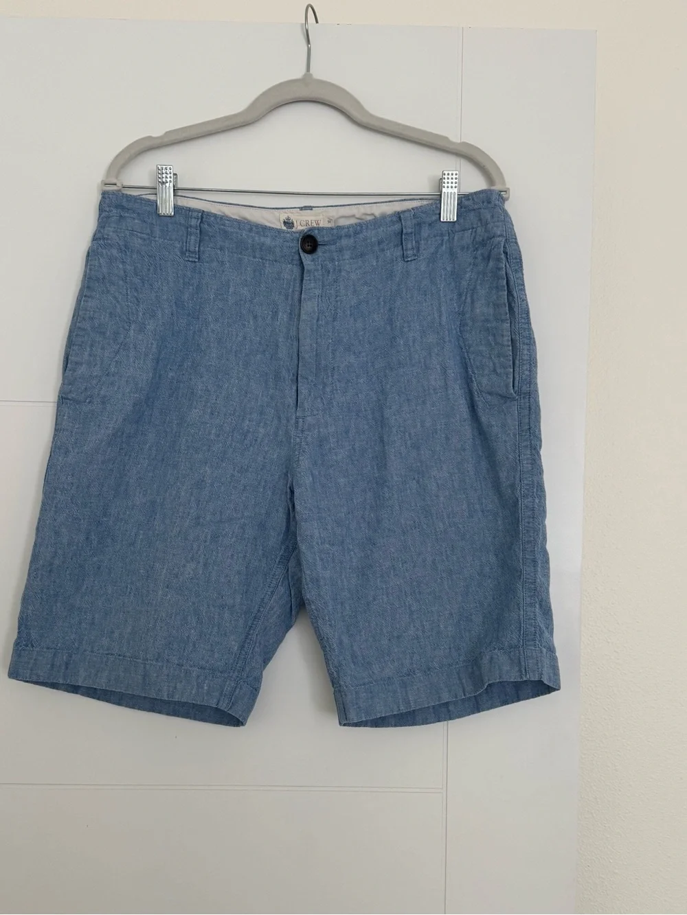 J Crew 9” Linen Blend Shorts Mens 34 Blue Khaki Chino Flat Front Pocket Casual